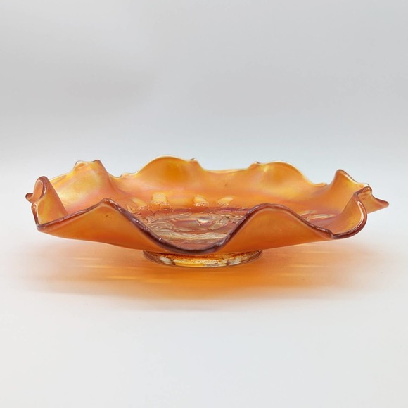 1920s Fenton Acorn Marigold Carnival Glass Footed Bowl w Crimped Rim Pattern 834 - Picture 8 of 12